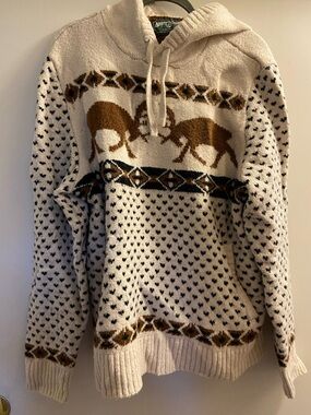 American Eagle Men's Cream & Brown Pullover Hoodie Sweater